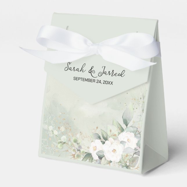 White Roses Eucalyptus Leaves Wedding Favour Box (Front Side)