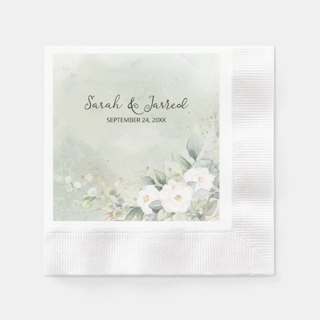 White Roses Eucalyptus Leaves Wedding Napkin (Front)