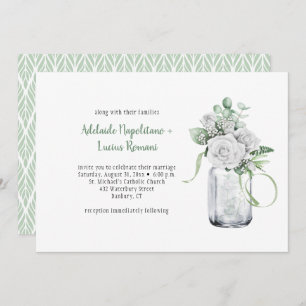 White Roses Eucalyptus Mason Jar Wedding Invitation