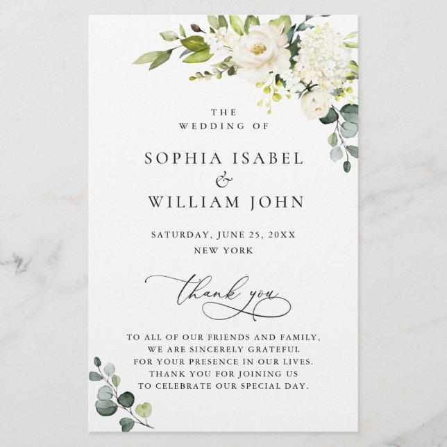 White Roses Eucalyptus Wedding Ceremony Program (Front)