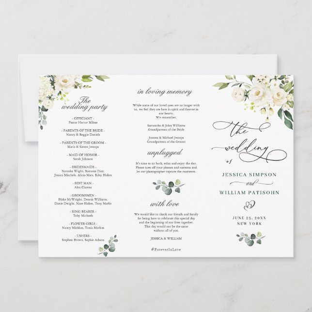 White Roses Eucalyptus Wedding Ceremony Program (Front)