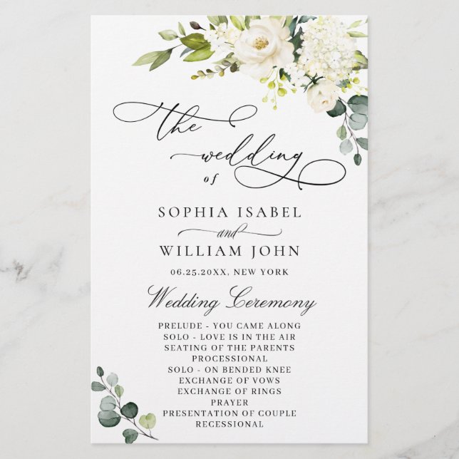 White Roses Eucalyptus Wedding Ceremony Program (Front)