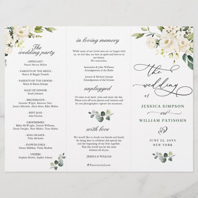 White Roses Eucalyptus Wedding Ceremony Program (Front)