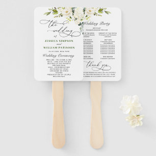 White Roses Eucalyptus Wedding Program Hand Fan