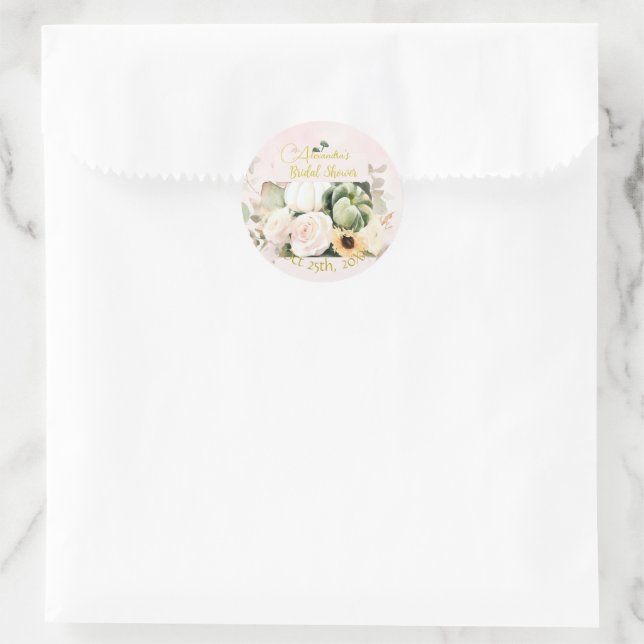 White Roses Fall Pumpkins Classic Round Sticker (Bag)