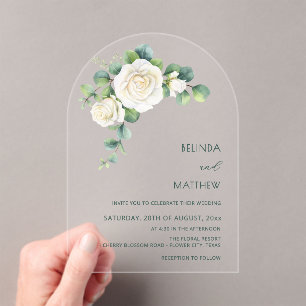 White Roses Floral Arch Clear Acrylic Invitations