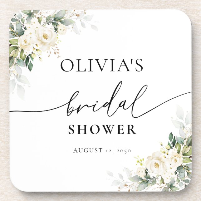 White Roses Floral  beverage coaster (Front)