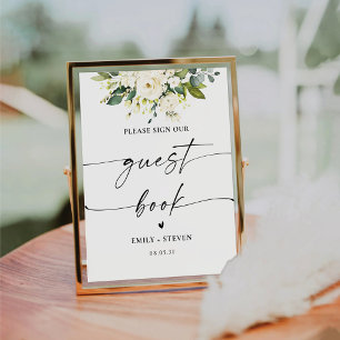 White Roses Floral Bridal Shower Guest Book Sign