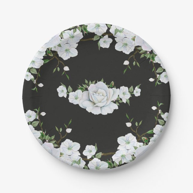 White Roses Floral & Charcoal Grey Bridal Shower Paper Plate (Front)