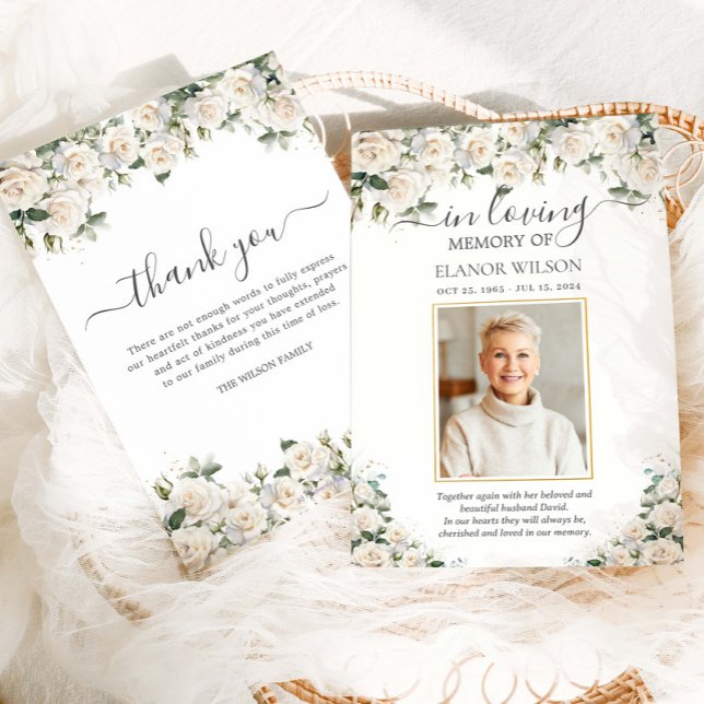 White Roses Floral Flowers Photo Funeral Memorial Thank You Card (Creator Uploaded)