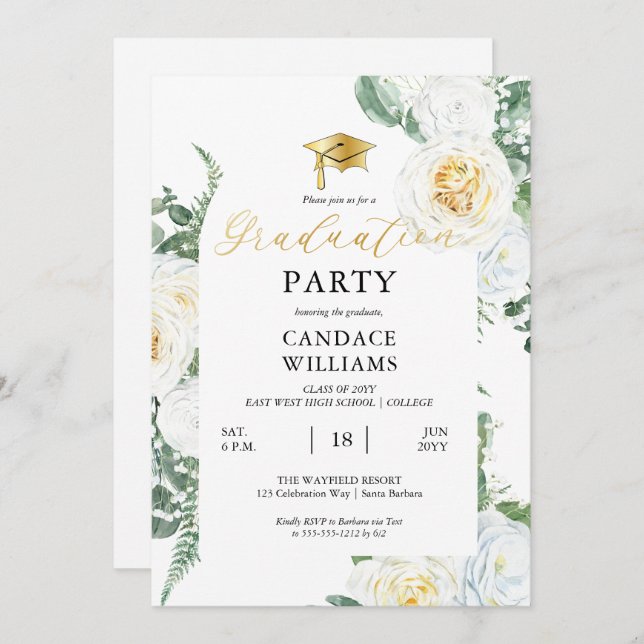 White Roses Floral Frame Graduation Party Invitation (Front/Back)