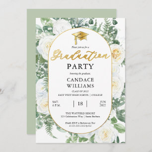 White Roses Floral Gold Frame Graduation Party  Invitation