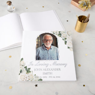 White Roses Floral Memorial Funeral Photo Silver Guest Book