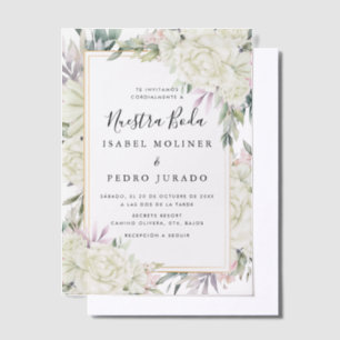 White Roses Floral Nuestra Boda Spanish Wedding Vellum Invitations