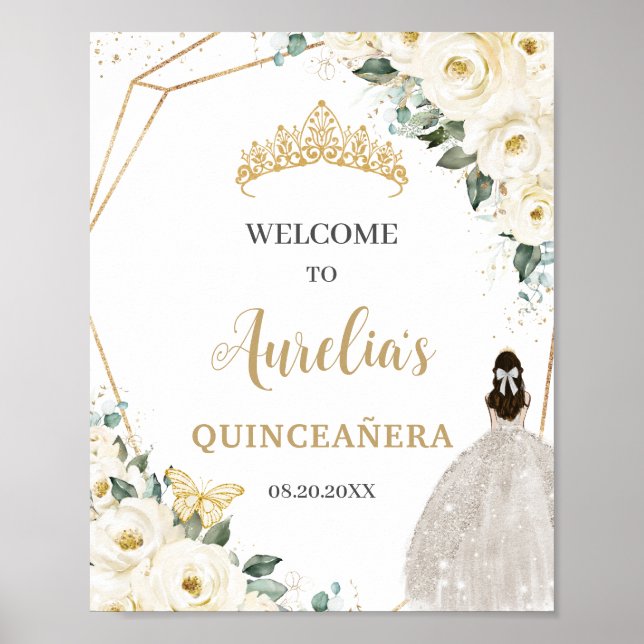 White Roses Floral Quinceañera 15 Birthday Welcome Poster (Front)