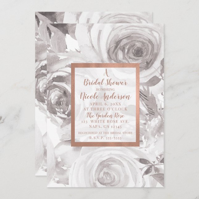 White Roses Floral Rose Modern Chic Bridal Shower Invitation (Front/Back)