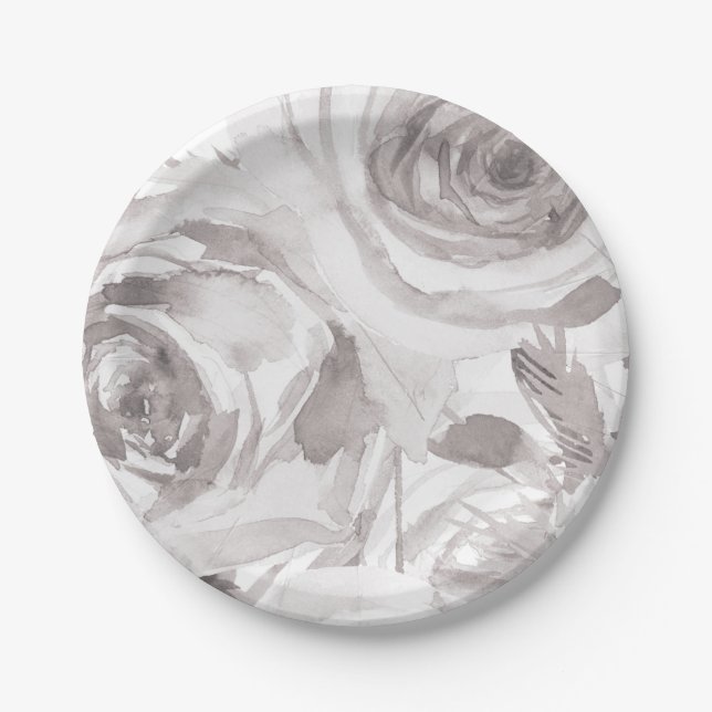 White Roses Floral Rose Modern Elegant Wedding Paper Plate (Front)