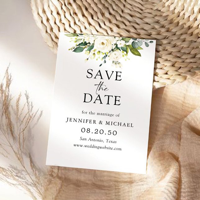 White Roses Floral Save The Date Card (Creator Uploaded)