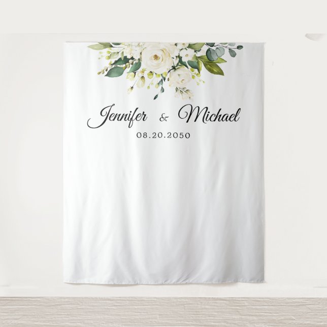 White Roses Floral Wedding Ceremony Backdrop Tapestry (Front)