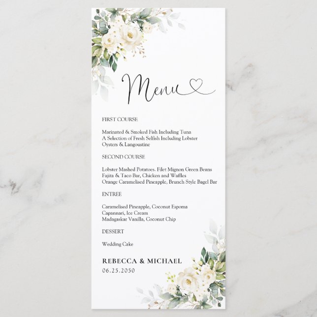 White Roses Floral Wedding Ceremony Menu (Front)