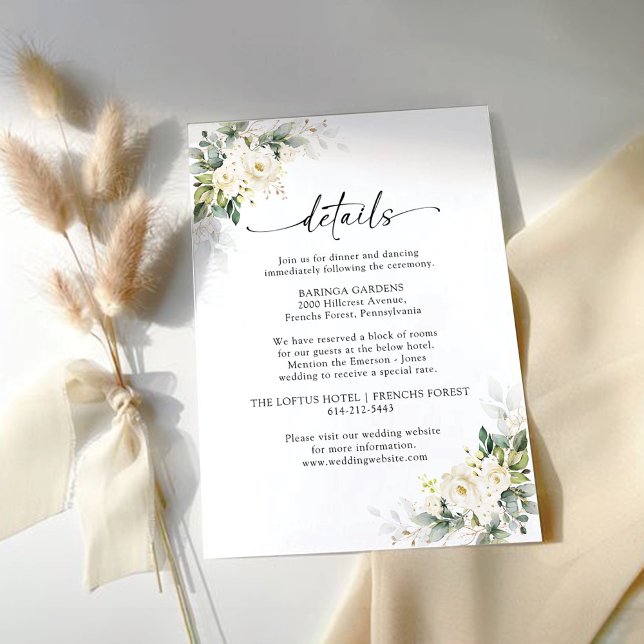 White Roses Floral Wedding Details Card (Creator Uploaded)