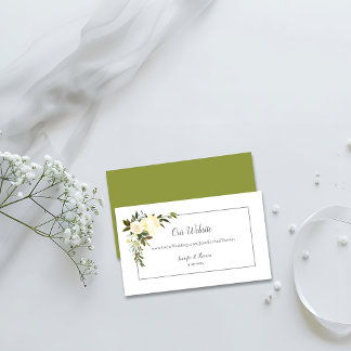White Roses Floral Wedding Website | Olive Green Enclosure Card