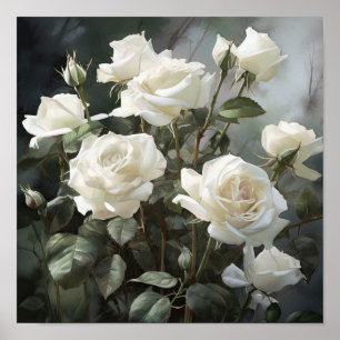White Roses Flower Art Print Poster