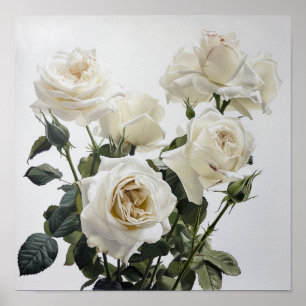 White Roses Flower Art Print Poster