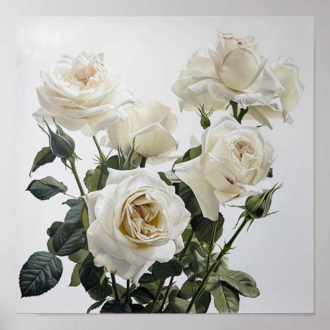 White Roses Flower Art Print Poster (Front)