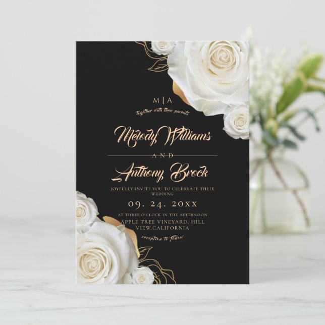  White Roses Flowers Black Wedding Invitation (Standing Front)