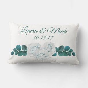 White Roses & Foliage Couple's Names Wedding Date Lumbar Cushion