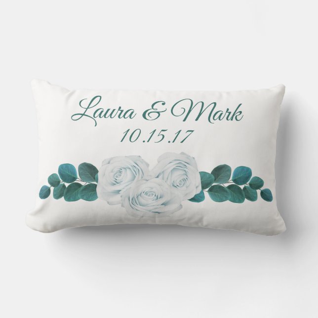 White Roses & Foliage Couple's Names Wedding Date Lumbar Cushion (Front)