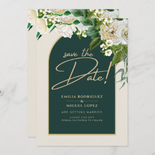 White Roses Forest Green Winter Wedding Save Dates Invitation