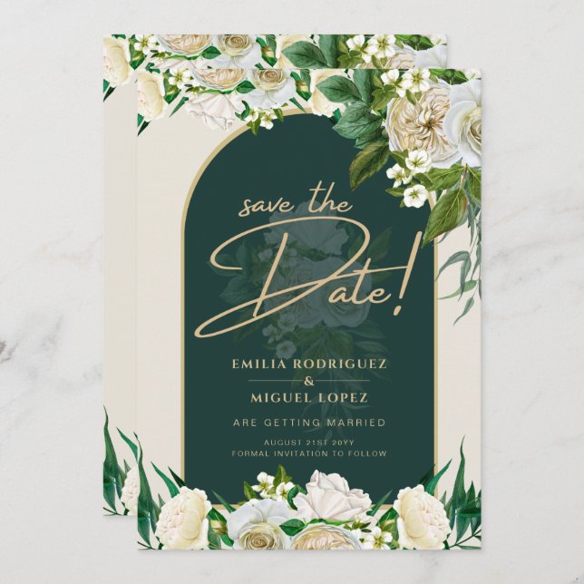 White Roses Forest Green Winter Wedding Save Dates Invitation (Front/Back)