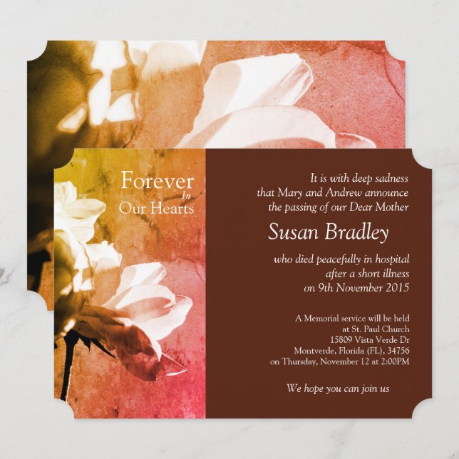 White Roses Forever in Our Hearts Memorial Service Invitation (Front/Back)