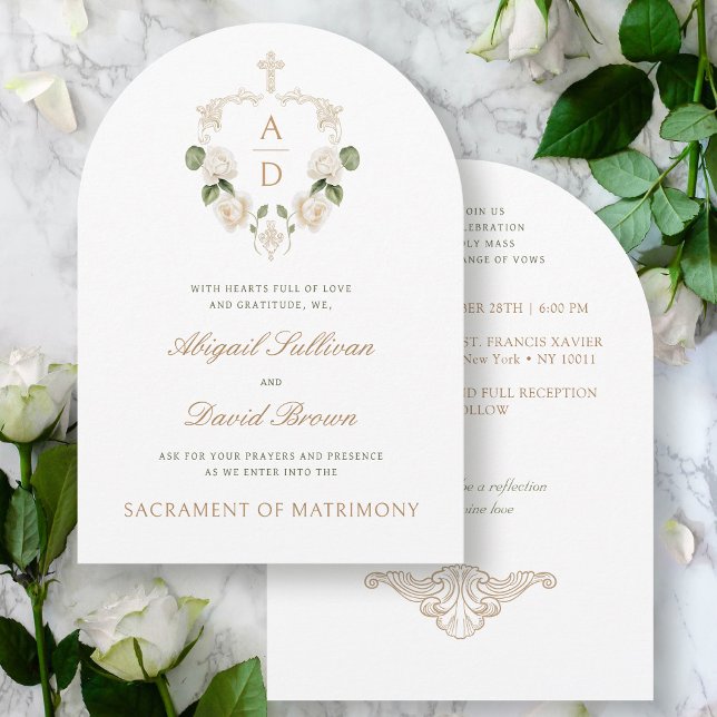 White Roses Frame Monograms Catholic Wedding Invitation (Creator Uploaded)
