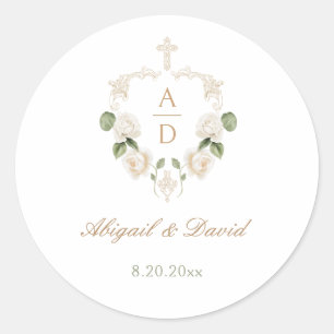White Roses Frame Religious Wedding Classic Round Sticker