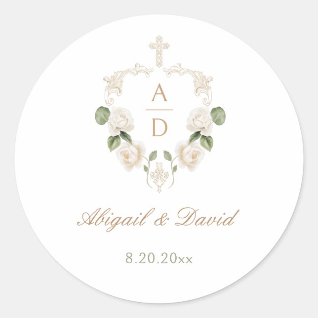 White Roses Frame Religious Wedding Classic Round Sticker (Front)