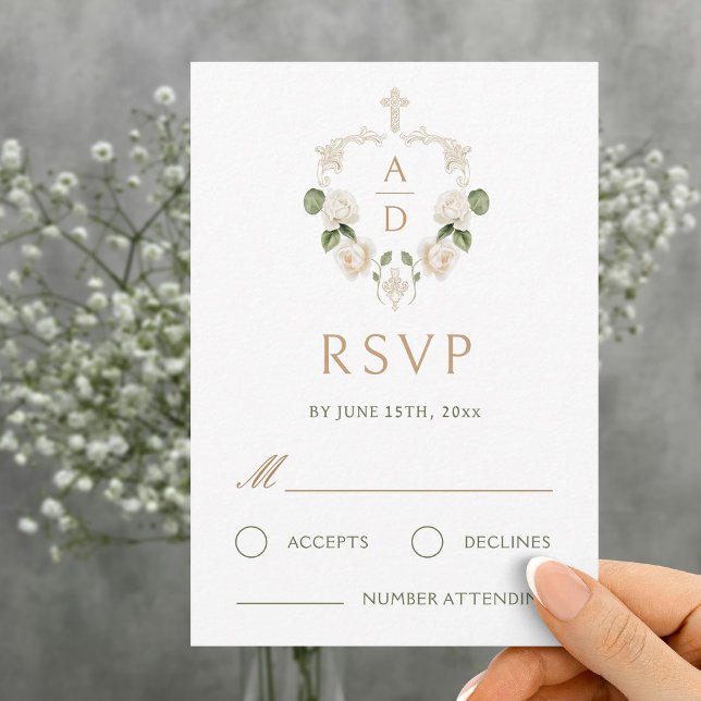 White Roses Frame Religious Wedding RSVP Card (Creator Uploaded)
