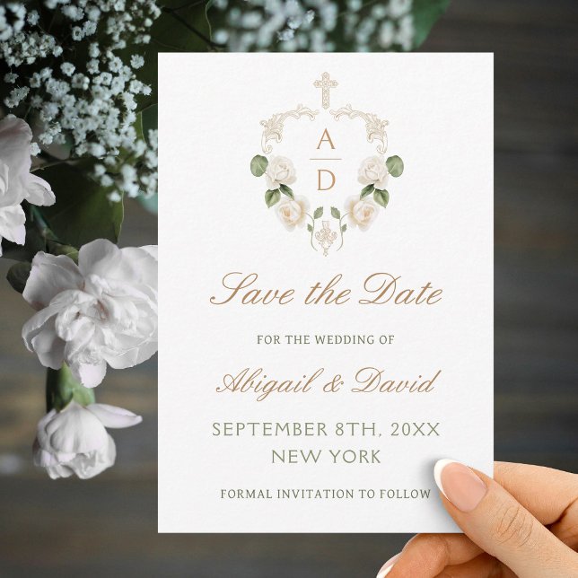 White Roses Frame Religious Wedding Save The Date (Creator Uploaded)