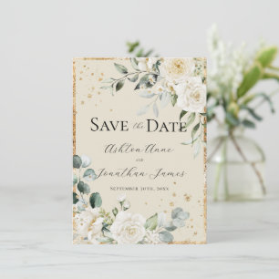 White Roses Gold Cream Elegant Modern Wedding Save The Date