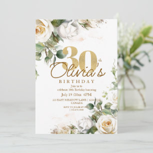 White Roses & Gold Dusty Floral 30th Birthday Invitation