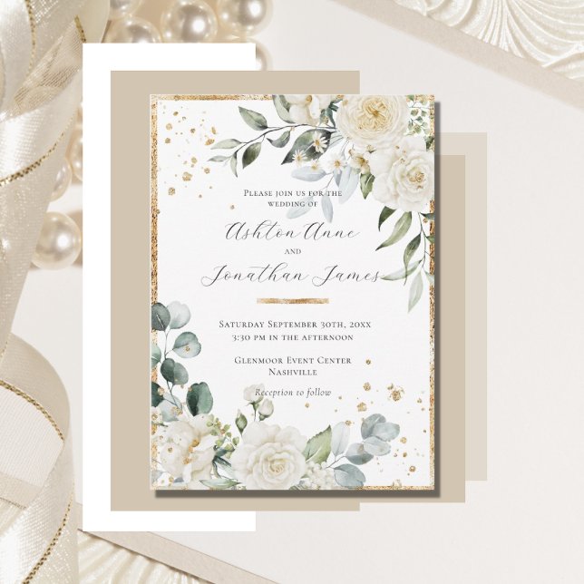 White Roses Gold Elegant Modern Wedding Invitation (Creator Uploaded)