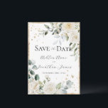 White Roses Gold Elegant Modern Wedding Save The Date<br><div class="desc">Gorgeous elegant white roses & tiny daisies surrounded with a rustic gold frame & mixed greenery of eucalyptus with other watercolor leaves wedding invitation.  Clean white background adds to the elegance of this lovely design.  Stunning.  Faux gold splashes on front & back to create a chic look.</div>