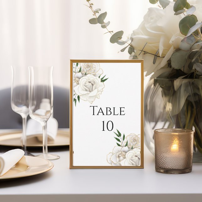 White Roses Gold Elegant Wedding Table Number Card (White Roses Gold Trim Floral Flowers Elegant Classic Wedding Table Number Cards)