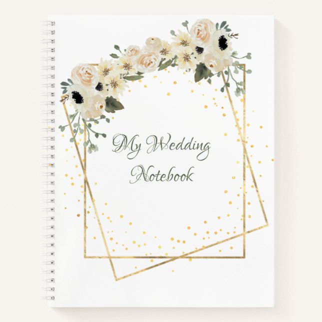 White Roses Gold Geometric Frame Planner Notebook (Front)