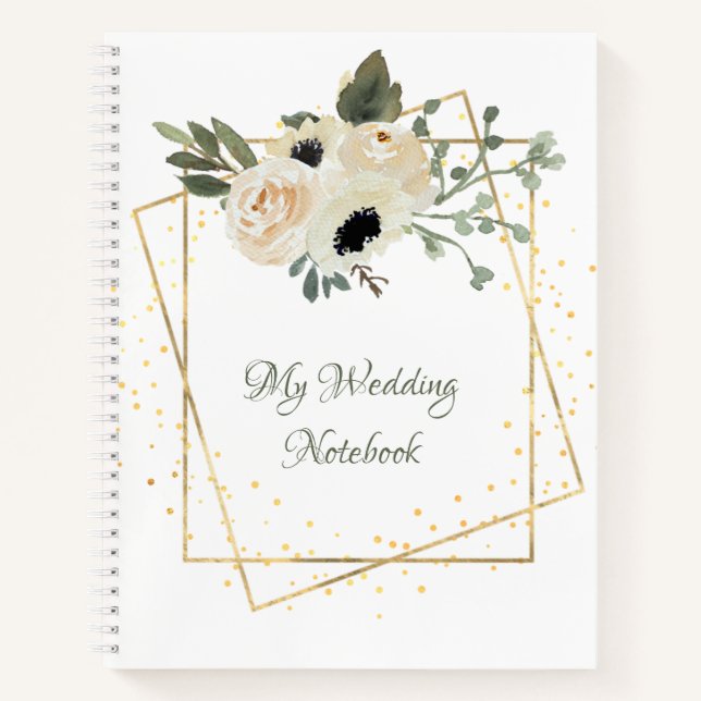 White Roses Gold Geometric Frame Planner Notebook (Front)