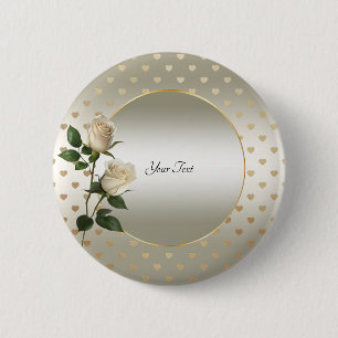 White Roses Gold Hearts Button