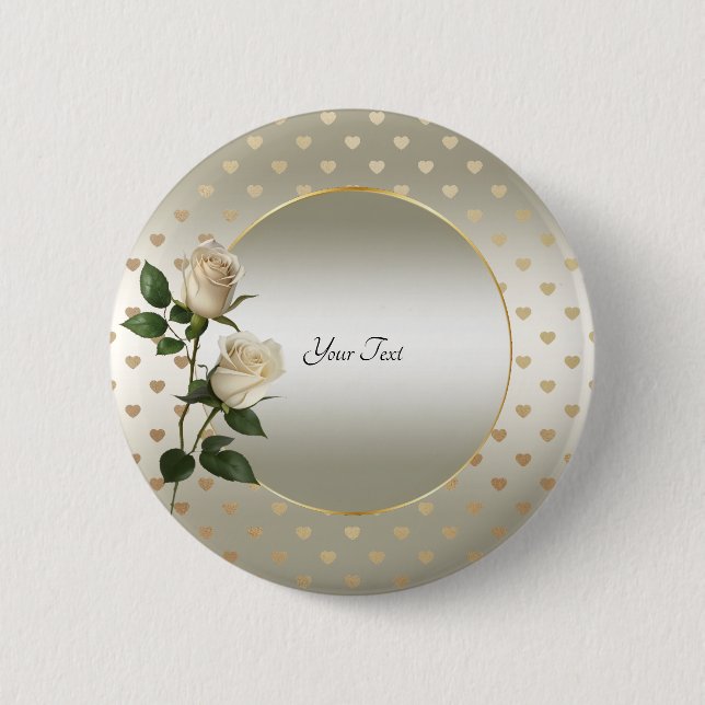 White Roses Gold Hearts Button (Front)