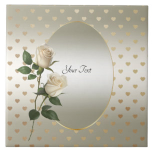 White Roses Gold Hearts Ceramic Tile